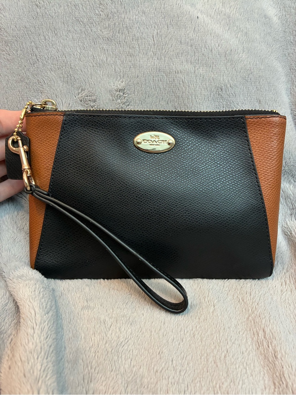 Coach Black and Brown Leather Wristlet Clutch with Gold Hardware